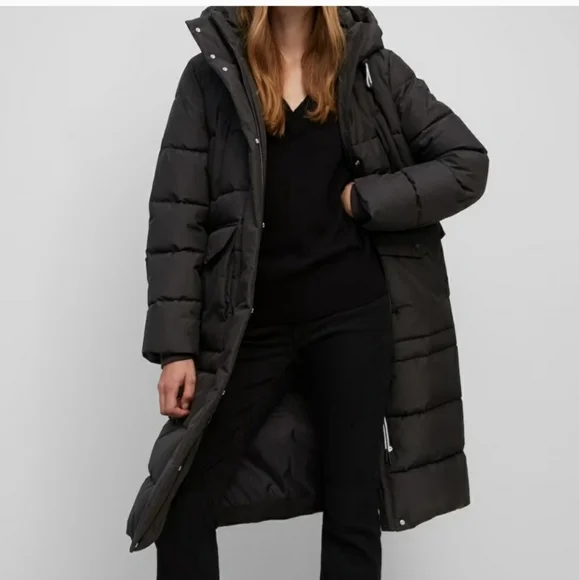 100% Down Puffer Longline Coat> black, high dual collar - Picture 13 of 13